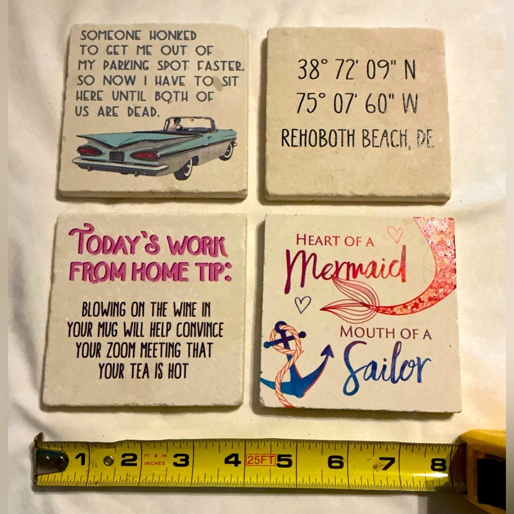 NWOT Set of 4 Decorative Coasters - Coastal & Humorous Designs